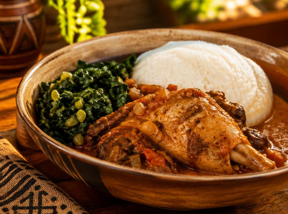 Zambian Village Chicken Stew with Rape & Nshima